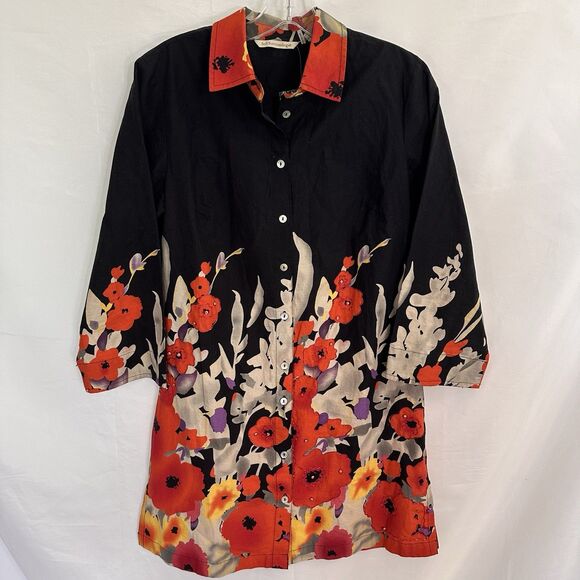 NEW Soft Surroundings Floral Provence Shirt Dress Black Red Size XS Embellished - Picture 2 of 9